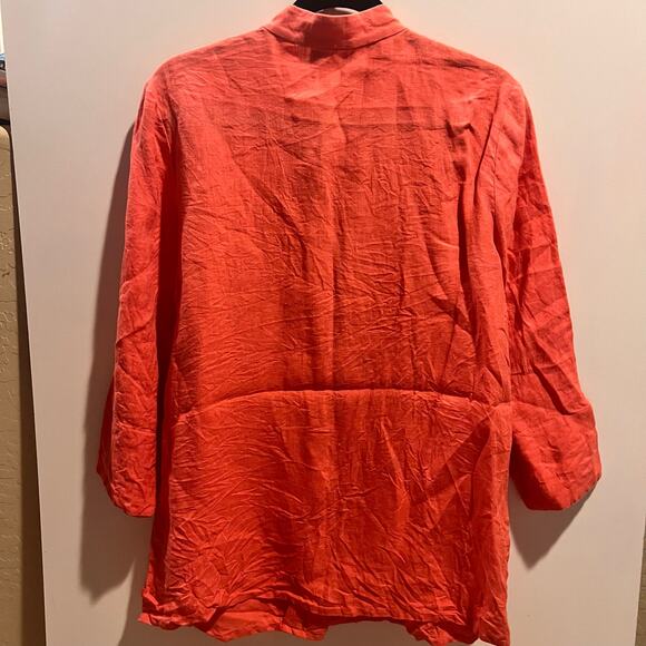 NEIMAN MARCUS Tunic Women’s Size L Salmon Pink 100% Linen Mandarin Collar Blouse - Picture 3 of 4
